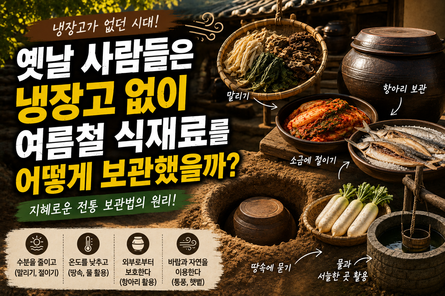 # 옛날 사람들은 냉장고 없이 여름철 식재료를 어떻게 보관했을까 오늘날에는 냉장고만 있으면 고기, 채소, 과일, 반찬 등 대부분의 식재료를 비교적 편리하게 보관할 수 있습니다. 하지만 냉장고가 없었던 과거에는 여름철 식재료를 어떻게 보관했을까요? 특히 우리나라의 여름은 기온과 습도가 높아 음식이 쉽게 상할 수 있는 환경이었습니다. 그럼에도 불구하고 옛날 사람들은 식재료의 특성에 따라 **말리기, 소금에 절이기, 땅속에 묻기, 물을 이용하기, 바람이 잘 통하는 곳에 보관하기** 등 다양한 방법을 활용했습니다. 흥미로운 점은 이러한 전통적인 식품 보관법이 단순히 경험에만 의존한 것이 아니라는 것입니다. 수분, 온도, 산소, 미생물 등의 영향을 줄이는 방법을 생활 속에서 활용하고 있었습니다. 오늘은 **옛날 사람들은 냉장고 없이 여름철 식재료를 어떻게 보관했을까**라는 질문을 중심으로 우리 전통 식재료 보관법에 숨겨진 원리를 알아보겠습니다. ## 냉장고가 없던 여름에는 무엇이 가장 큰 문제였을까? 여름철 식재료 보관에서 가장 큰 문제는 높은 **온도와 습도**였습니다. 식품이 상하는 과정에는 다양한 미생물이 관여합니다. 세균이나 곰팡이와 같은 미생물은 식품에 포함된 영양분과 수분을 이용하면서 증식할 수 있습니다. 특히 온도가 높고 수분이 많은 환경에서는 일부 미생물의 활동이 활발해질 수 있습니다. 따라서 냉장고가 없었던 과거에는 식재료를 장기간 그대로 보관하기보다 **식품의 수분을 줄이거나 소금에 절이고, 상대적으로 서늘한 장소에 두는 방식**을 활용했습니다. 즉, 현대의 냉장고가 온도를 낮추어 식품의 변화를 늦추는 방식이라면 과거에는 여러 가지 방법을 조합하여 식품이 상하기 어려운 환경을 만드는 것이 중요했습니다. ## 가장 대표적인 방법은 식재료를 말리는 것이었다 냉장고가 없던 시절 가장 효과적으로 활용할 수 있었던 방법 가운데 하나가 **건조**였습니다. 식재료를 햇볕과 바람에 말리면 식품 속 수분이 감소합니다. 식품에 이용할 수 있는 수분이 줄어들면 일부 미생물이 증식하기 어려워지기 때문에 보관 기간을 늘리는 데 도움이 될 수 있습니다. 대표적인 예가 무말랭이와 말린 나물입니다. 수분이 많은 무나 채소를 얇게 썰어 건조하면 원래의 식재료보다 훨씬 오랫동안 보관할 수 있습니다. 또한 말린 생선이나 육포처럼 식품을 건조한 형태로 만들어 저장하는 방법도 있었습니다. 물론 단순히 햇볕에 말린다고 모든 미생물이 사라지는 것은 아닙니다. 건조는 **식품의 수분을 낮춰 미생물의 증식을 억제하는 보존 방법**으로 이해하는 것이 정확합니다. ## 소금은 왜 식재료 보관에 사용했을까? 우리 전통 음식에서 소금은 단순히 짠맛을 내는 조미료가 아니었습니다. 예전부터 소금을 이용하여 채소와 생선 등을 절이는 방법이 널리 활용되었습니다. 소금 농도가 높아지면 식품 주변의 수분 환경이 변하고, 삼투압에 의해 식품에서 수분이 빠져나올 수 있습니다. 또한 높은 염도는 많은 종류의 미생물이 쉽게 증식하기 어려운 환경을 만드는 데 도움을 줍니다. 김치를 비롯해 다양한 절임식품과 젓갈이 이러한 원리와 관련되어 있습니다. 특히 여름철에는 신선한 식재료를 그대로 오래 보관하기 어려웠기 때문에 **소금과 건조를 함께 활용하는 방식**이 중요한 저장법이었습니다. ## 땅속에 식재료를 묻기도 했다 냉장고가 없던 시대의 저장법 가운데 특히 흥미로운 것이 **땅속 저장**입니다. 대표적으로 김치나 무와 같은 식재료를 땅속에 묻어 보관하는 방법이 있었습니다. 땅속은 지표면보다 외부 기온의 변화가 상대적으로 완만합니다. 특히 일정 깊이 아래에서는 낮과 밤의 기온 변화가 지표면보다 적게 나타날 수 있습니다. 이러한 특성을 활용하면 식재료를 외부의 급격한 온도 변화로부터 어느 정도 보호할 수 있습니다. 김치독을 땅에 묻는 전통적인 방식도 이러한 원리와 관련이 있습니다. 다만 **땅속에 묻는다고 해서 냉장고처럼 일정한 저온이 유지되는 것은 아닙니다.** 계절, 깊이, 토양 상태, 지하수, 용기의 종류 등에 따라 실제 온도와 습도 환경은 달라질 수 있습니다. 따라서 땅속 저장은 당시의 자연환경을 활용한 저장 방법으로 이해하는 것이 좋습니다. ## 우물이나 물을 이용해 음식을 보관하기도 했다 과거에는 우물이나 비교적 차가운 물을 활용하여 식재료를 보관하는 경우도 있었습니다. 물이 주변 공기보다 상대적으로 낮은 온도를 유지하는 환경에서는 식품의 온도를 낮추는 데 도움이 될 수 있습니다. 특히 냉장고가 없던 시절에는 이러한 자연적인 온도 차이를 이용하는 것이 하나의 방법이었습니다. 하지만 물속에 음식을 넣는다고 해서 무조건 안전하게 보관되는 것은 아닙니다. 물의 청결 상태와 식품을 담는 용기, 보관 시간 등을 함께 고려해야 합니다. 오늘날에는 위생적인 관점에서 이러한 전통 방식을 그대로 따라 하기보다는 **당시 사람들이 자연환경의 온도 차이를 어떻게 활용했는지**를 이해하는 것이 중요합니다. ## 바람이 잘 통하는 곳도 중요한 저장 공간이었다 여름철에는 습도가 높기 때문에 **통풍** 역시 식재료 관리에서 중요한 요소였습니다. 특히 건조해야 하는 식재료는 바람이 잘 통하는 장소에서 말리는 것이 유리합니다. 습한 환경에서는 건조가 늦어지고 식품 표면에 곰팡이가 발생하기 쉬워질 수 있기 때문입니다. 그래서 전통적인 생활공간에서는 햇볕과 바람을 적절하게 활용할 수 있는 장소가 중요했습니다. 장독대 역시 이러한 전통적인 식품 저장 환경을 보여주는 대표적인 공간입니다. 장독을 햇빛과 바람이 어느 정도 닿는 곳에 두면서 장류를 관리하고, 용기와 주변 환경을 함께 이용해 숙성 조건을 조절했습니다. ## 항아리는 단순한 그릇이 아니었다 옛날 식재료 보관에서 빼놓을 수 없는 것이 **항아리와 옹기**입니다. 항아리는 곡물, 장류, 소금, 절임식품 등 다양한 식재료를 저장하는 데 활용되었습니다. 특히 옹기는 재질과 제작 방식에 따라 표면 특성이 달라질 수 있으며, 현대의 완전 밀폐 용기와는 다른 특성을 가지고 있습니다. 흔히 옹기를 '숨 쉬는 그릇'이라고 표현하지만, 이를 공기가 자유롭게 드나드는 용기로 이해하는 것은 정확하지 않습니다. 옹기의 미세한 기공과 재질 특성이 저장 환경의 수분 및 기체 교환에 영향을 줄 수 있다는 의미로 이해하는 것이 좋습니다. 결국 항아리의 장점은 용기 하나에만 있는 것이 아니라 **항아리의 특성, 보관 장소, 온도, 습도, 식재료의 상태가 함께 작용한다는 점**에 있습니다. ## 여름철에는 식재료를 오래 보관하기보다 가공했다 냉장고가 없었던 시대에는 모든 식재료를 신선한 상태로 장기간 보관하려고 하지 않았습니다. 대신 식재료의 특성에 따라 **다른 형태로 가공하여 저장성을 높이는 방법**을 활용했습니다. 예를 들어 채소는 말리거나 소금에 절이고, 생선은 소금에 절이거나 말리는 방식으로 저장 기간을 늘렸습니다. 과일 역시 건조하거나 다른 형태로 가공하여 보관하기도 했습니다. 이러한 방법은 단순히 식재료를 오래 보관하는 것뿐만 아니라 계절에 따라 부족해지는 식재료를 다른 시기에 이용할 수 있도록 해주는 역할도 했습니다. 즉, 전통적인 식품 보관은 **계절의 한계를 극복하는 생활 방식**이기도 했습니다. ## 전통 식품 보관법에는 공통된 원리가 있다 겉으로 보면 말리기, 절이기, 땅에 묻기, 항아리에 넣기 등은 서로 전혀 다른 방법처럼 보입니다. 하지만 그 안에는 몇 가지 공통된 원리가 있습니다. 첫 번째는 **수분을 줄이는 것**입니다. 건조나 소금 절임은 식품의 수분 환경을 변화시켜 미생물이 활동하기 어려운 조건을 만드는 데 도움을 줍니다. 두 번째는 **온도 변화를 줄이는 것**입니다. 땅속이나 상대적으로 서늘한 장소를 이용하면 외부의 높은 기온 영향을 줄이는 데 도움이 될 수 있습니다. 세 번째는 **식품을 외부 환경으로부터 보호하는 것**입니다. 항아리나 저장 용기를 이용하면 벌레, 먼지, 외부 오염물질 등이 식품에 직접 닿는 것을 줄일 수 있습니다. 결국 옛날 사람들의 식품 보관법은 **수분·온도·공기·염도·시간**을 조절하는 생활 속 저장 기술이었다고 볼 수 있습니다. ## 냉장고가 없던 시대의 여름 식품 보관법에서 배울 점 오늘날에는 냉장고가 있기 때문에 과거처럼 모든 식재료를 말리거나 소금에 절일 필요는 없습니다. 하지만 전통적인 식품 보관법을 살펴보면 현대에도 활용할 수 있는 기본적인 원리를 발견할 수 있습니다. 식재료를 구입한 후 적절한 온도에서 보관하고, 습기가 많은 환경을 피하며, 식품의 특성에 맞는 용기를 사용하는 것이 대표적입니다. 또한 식품마다 적절한 보관 방법이 다르다는 점도 중요합니다. 채소와 생선, 곡물, 발효식품은 각각 수분과 온도에 대한 특성이 다르기 때문에 하나의 방법으로 모든 식품을 보관할 수는 없습니다. ## 마무리 **옛날 사람들은 냉장고 없이 여름철 식재료를 어떻게 보관했을까?** 정답은 하나가 아닙니다. 우리 조상들은 식재료의 특성과 계절의 환경에 맞춰 **건조, 소금 절임, 땅속 저장, 물과 서늘한 장소의 활용, 항아리 보관, 통풍 관리** 등 다양한 방법을 사용했습니다. 이러한 방법의 핵심에는 식품이 변하는 조건을 최대한 늦추려는 지혜가 있었습니다. 특히 식품의 수분을 줄이고, 온도의 영향을 낮추며, 외부 오염을 막는 방식은 오늘날의 식품 보존 원리와도 연결되는 부분이 있습니다. 물론 전통적인 방법이 현대의 냉장·냉동 기술보다 항상 안전하거나 우수하다는 의미는 아닙니다. 현재는 식품의 종류와 상태에 맞는 위생적인 보관 방법을 사용하는 것이 중요합니다. 그럼에도 불구하고 냉장고가 없었던 시대에 사람들이 **자연의 온도와 바람, 햇빛, 흙, 소금, 항아리**를 이용해 식재료를 보존했다는 사실은 매우 흥미롭습니다. 우리가 지금 당연하게 사용하는 냉장고 이전에도 음식은 계절과 환경에 맞춰 다양한 방식으로 보존되어 왔습니다. 그리고 그 안에는 오랜 경험을 통해 축적된 **한국 전통 식재료 보관의 지혜**가 담겨 있습니다. ### 핵심 정리 * 옛날에는 냉장고 대신 다양한 전통 식품 보관법을 활용했습니다. * **건조**는 식품의 수분을 줄여 미생물의 증식을 억제하는 데 도움을 줍니다. * **소금 절임**은 식품의 수분 환경과 염도를 변화시켜 보존성을 높이는 방법입니다. * **땅속 저장**은 외부의 급격한 온도 변화를 줄이는 데 활용되었습니다. * **항아리와 옹기**는 다양한 식재료를 저장하는 전통적인 용기로 사용되었습니다. * 햇빛과 바람을 활용한 **건조와 통풍 관리**도 중요한 저장 방법이었습니다. * 전통적인 식품 보관의 핵심은 **수분, 온도, 염도, 공기, 보관 환경을 조절하는 것**이었습니다.